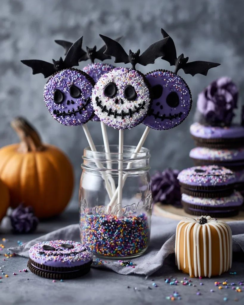 Colorful Halloween Oreo pops decorated like Jack Skellington