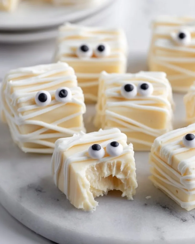 Mummy fudge bite showing soft fudge center