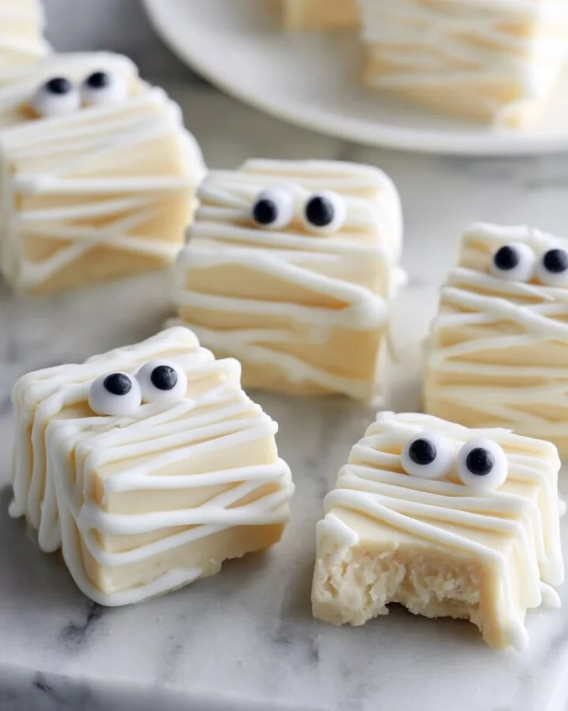 Step-by-step mummy fudge pieces decorated with white chocolate drizzle