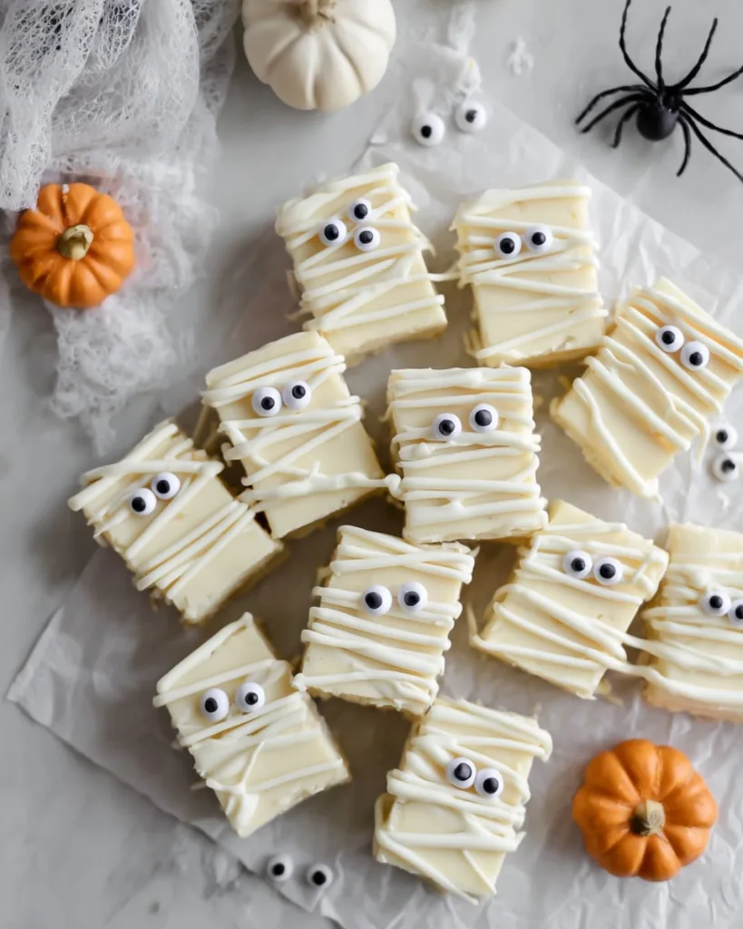 Halloween mummy fudge squares with candy eyes