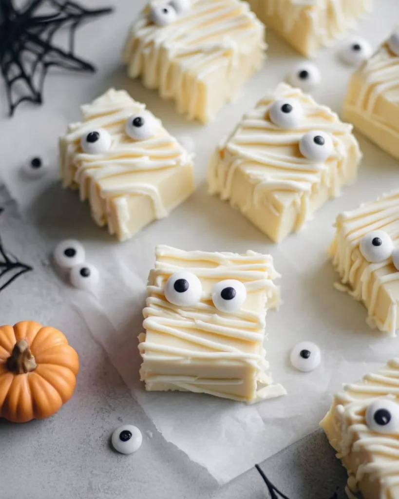Easy mummy fudge recipe decorated with candy eyes