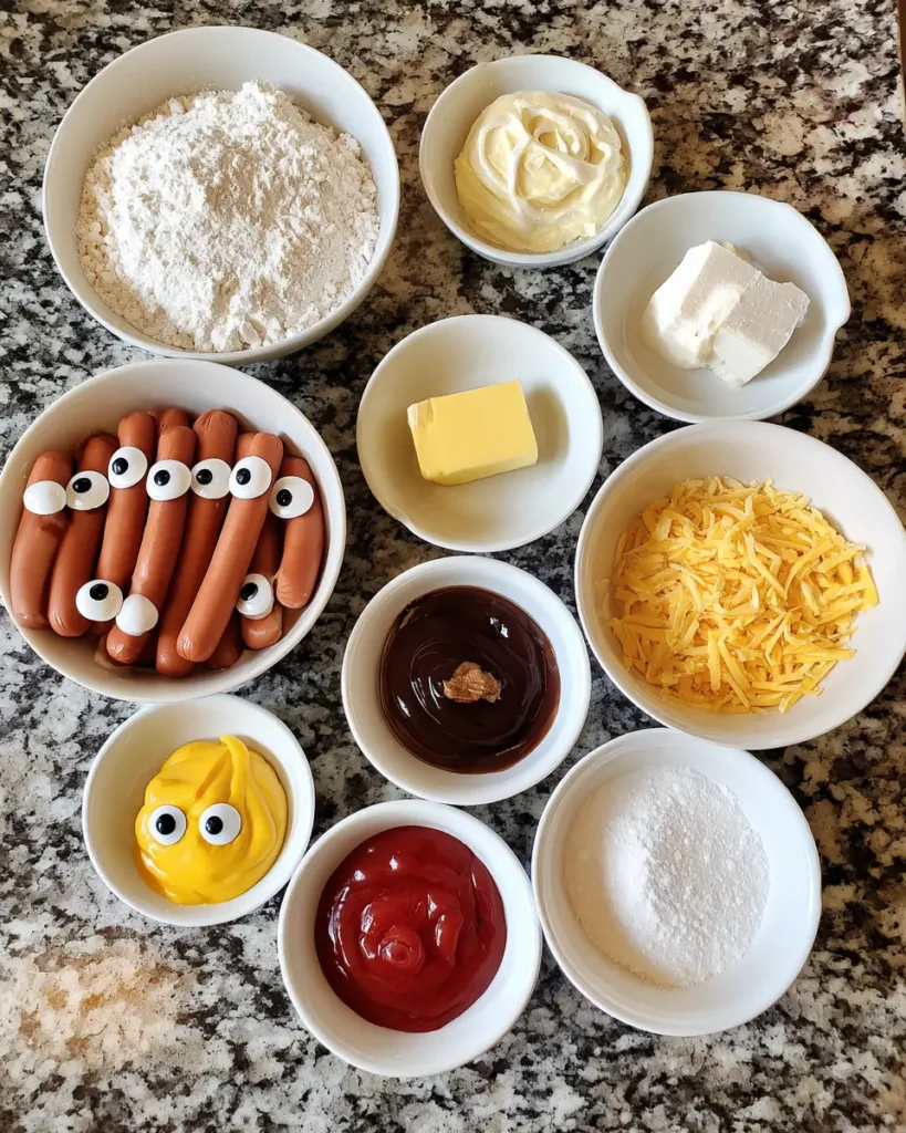 Ingredients for Mummy Pigs in a Blanket including hot dogs, flour, butter, and candy eyes