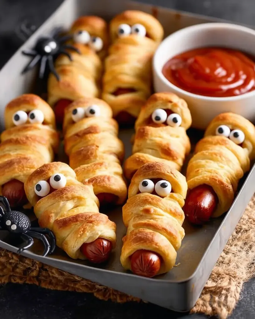 Freshly baked Mummy Pigs in a Blanket with ketchup dipping sauce