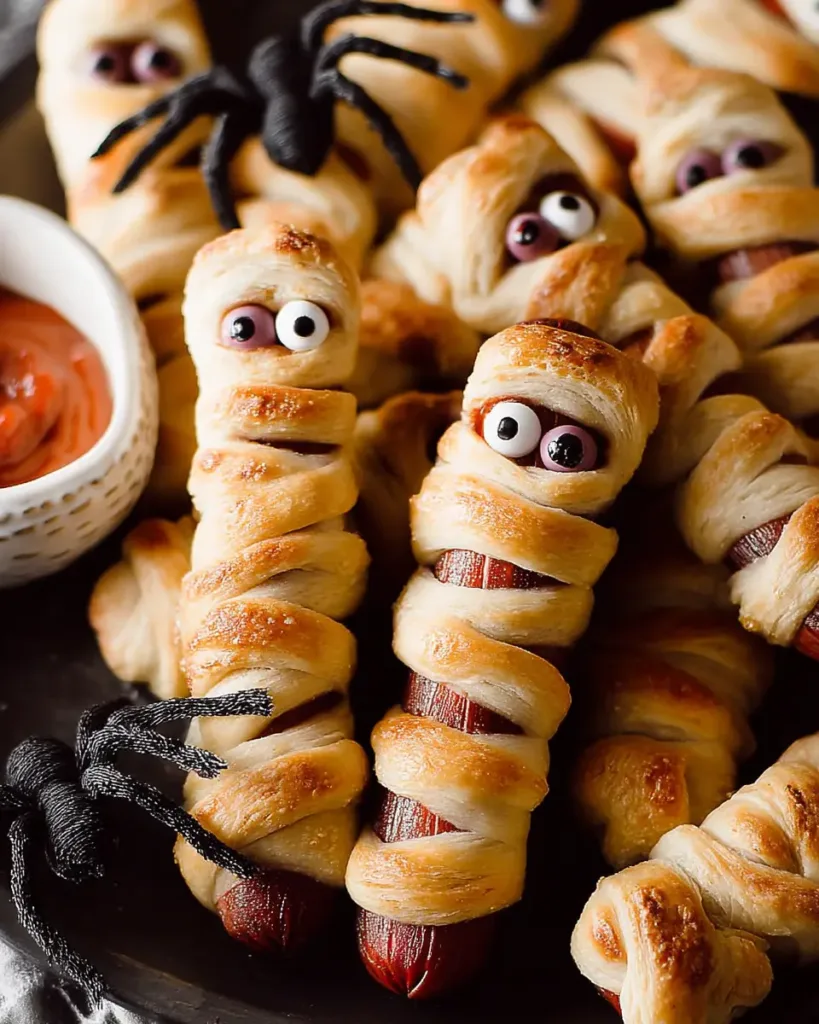 Spooky Mummy Pigs in a Blanket with candy eyes and Halloween spiders