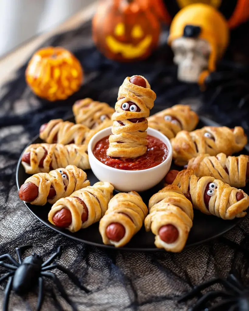 Halloween Mummy Pigs in a Blanket served with marinara dipping sauce