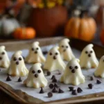 Nutty ghost treats made with white chocolate and chocolate chip eyes on a baking tray