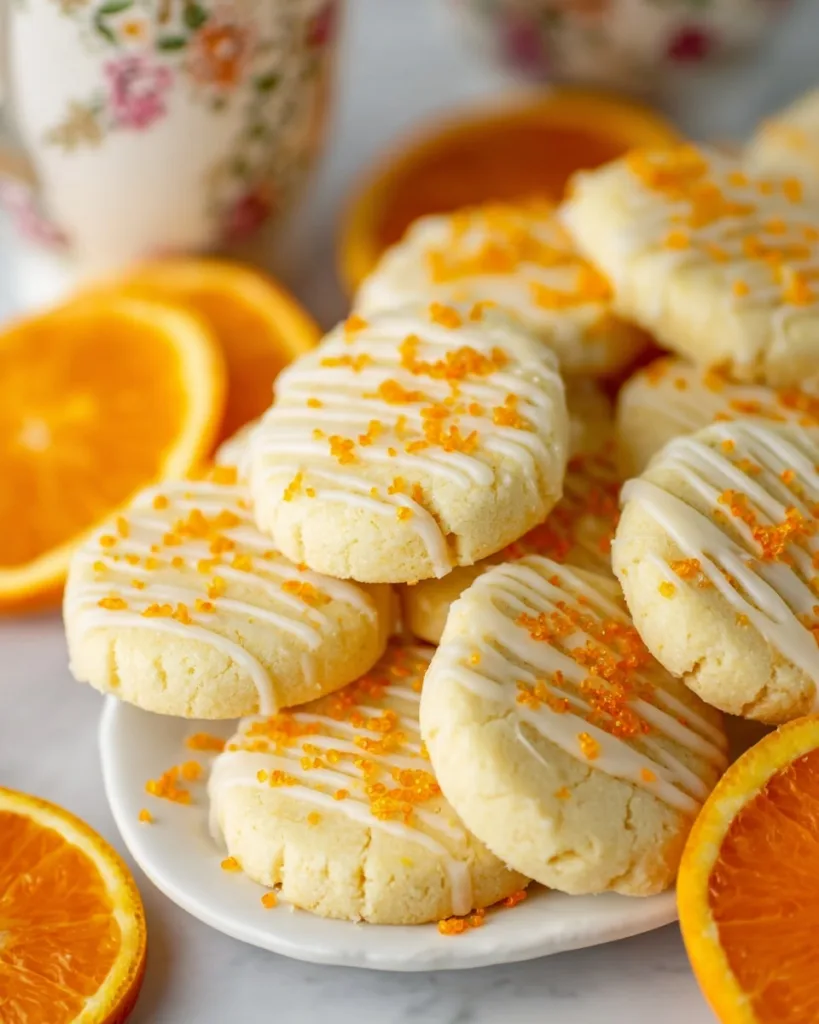 Plate of orange shortbread cookies with icing drizzle