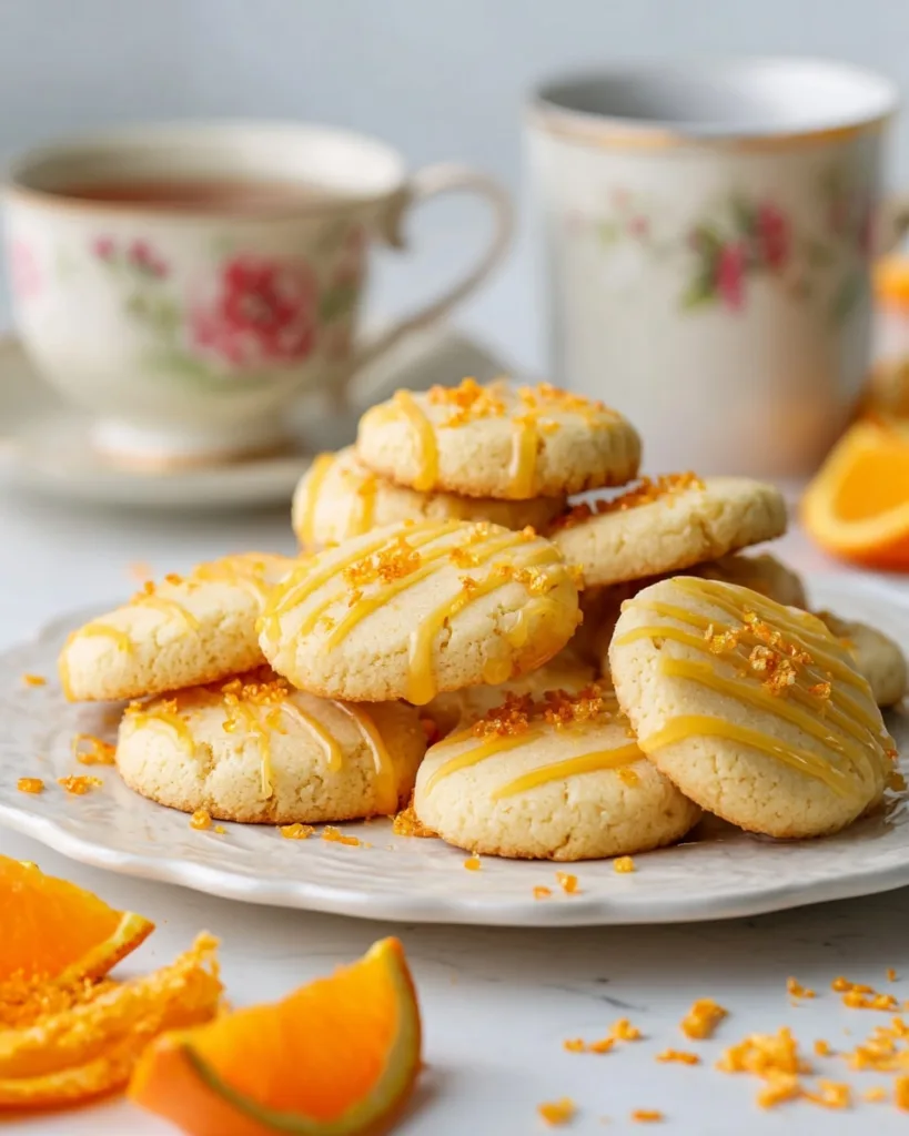 Easy orange shortbread cookies on a serving plate