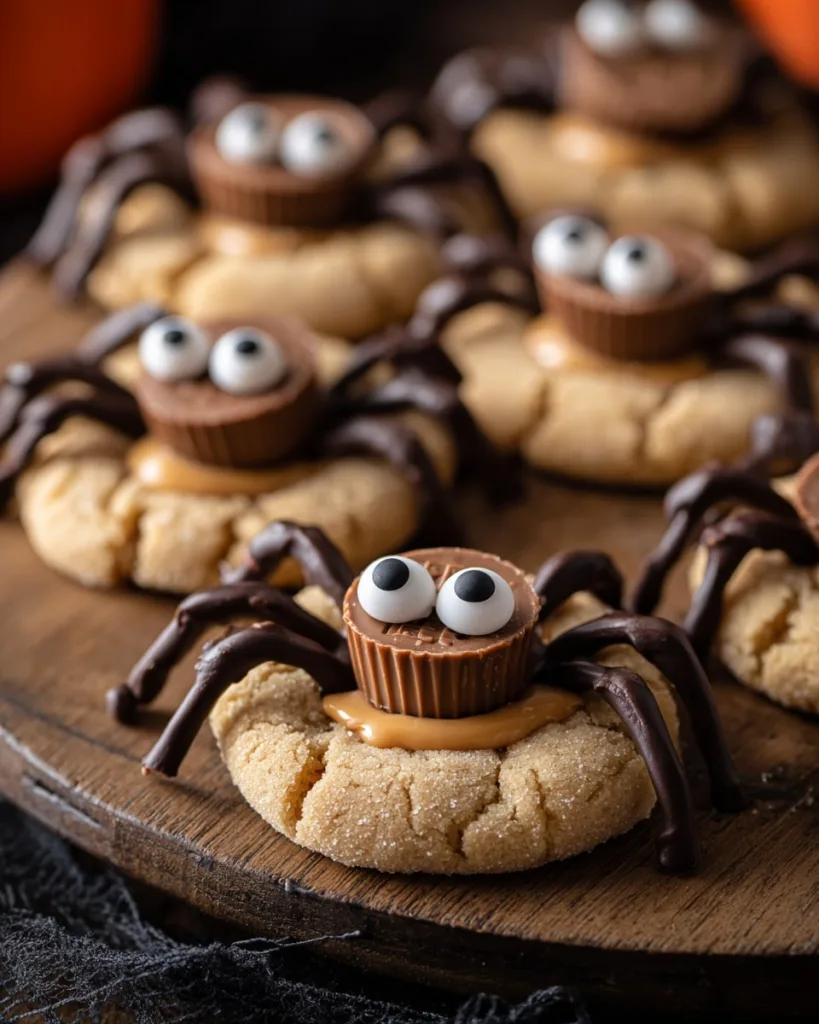 Peanut butter spider cookies with Reese’s cups and candy eyes served on a rustic wooden board