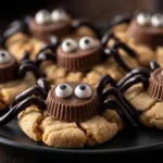 Close-up of peanut butter spider cookies with Reese’s cup body and candy eyes on a black plate