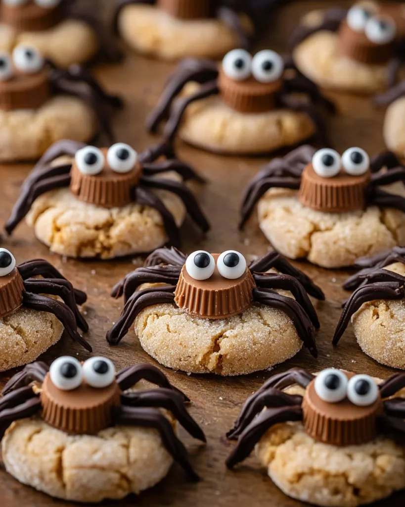 Homemade peanut butter spider cookies decorated with Reese’s cups and candy eyes