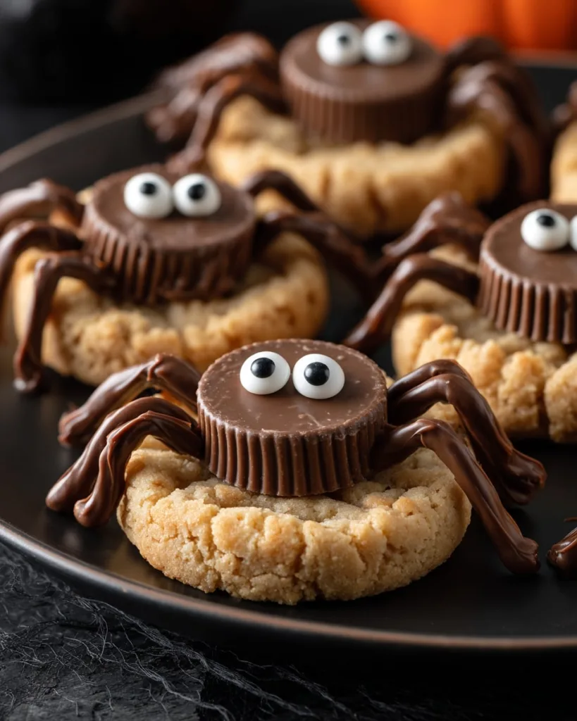 Final result of peanut butter spider cookies with Reese’s cups, candy eyes, and chocolate legs