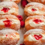 Raspberry cheesecake donuts arranged on tray with sugar coating