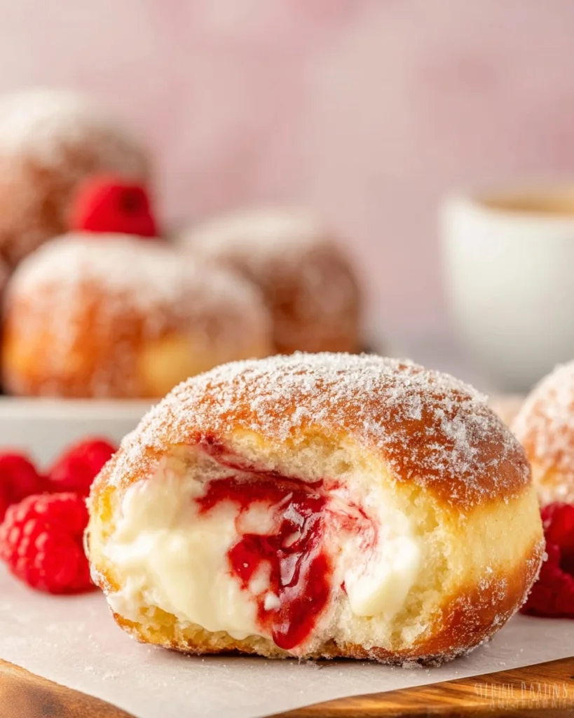 Raspberry cheesecake donut with raspberry filling spilling out