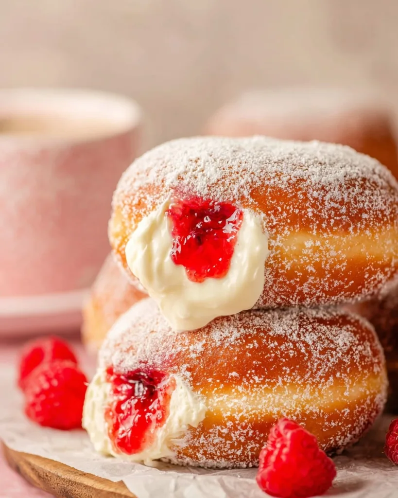 Raspberry cheesecake donuts with double filling and fresh berries