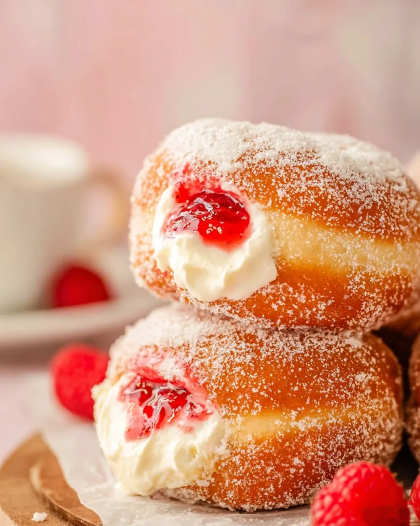 Stacked raspberry cheesecake donuts with sugar coating and cream filling