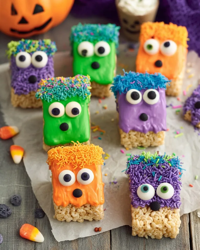Close up of Halloween rice krispie treat monsters with green, orange, and purple frosting