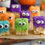 Colorful rice krispie treat monsters decorated with candy eyes and sprinkles