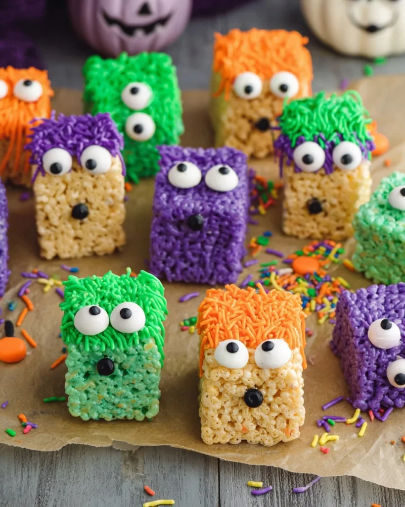 Step by step decorated rice krispie treat monsters with icing, sprinkles, and candy eyes