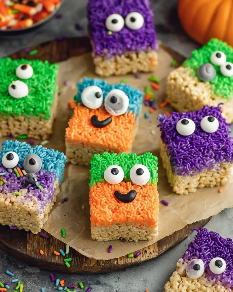 Halloween rice krispie treat monsters decorated with smiling faces and candy eyes