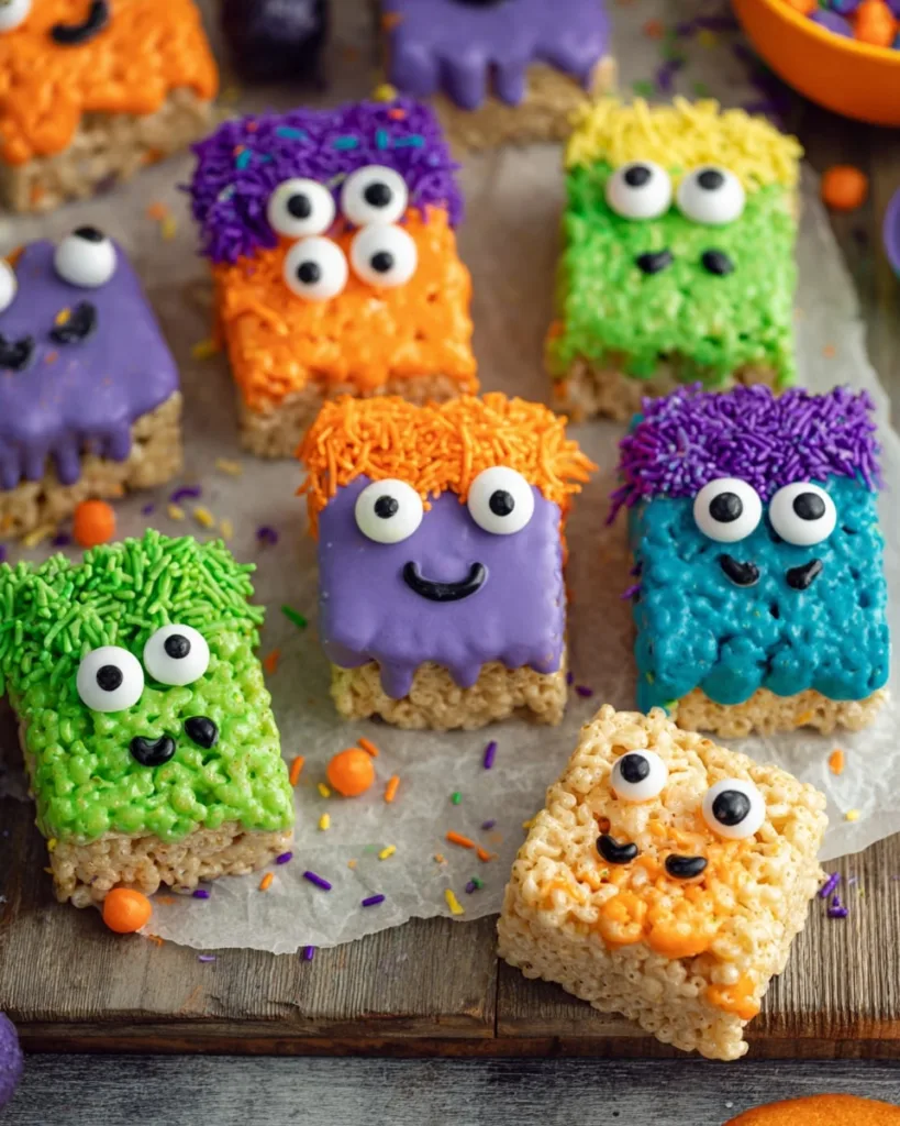 Tray of colorful rice krispie treat monsters decorated for Halloween