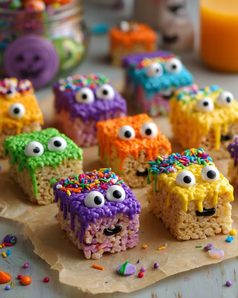 Rice krispie monster squares decorated with dripping icing and candy eyes