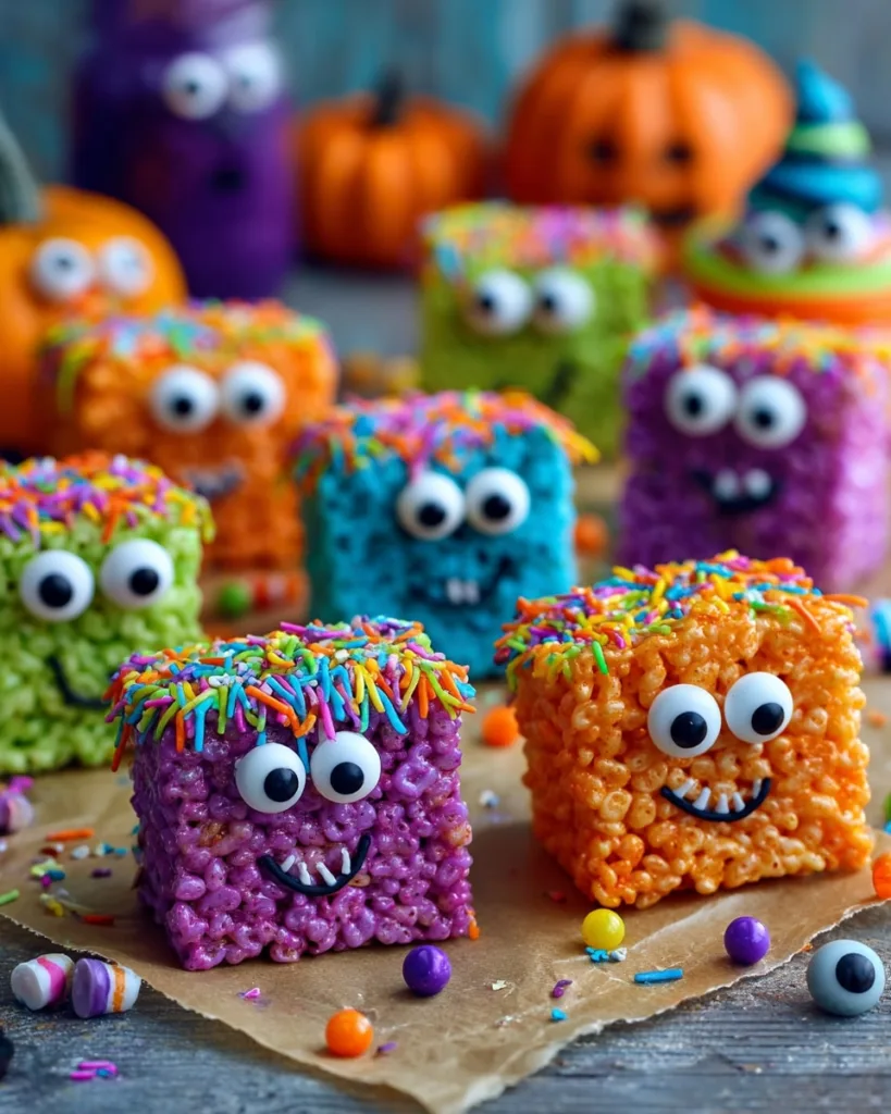 Brightly colored rice krispie treat monsters with candy eyes and smiling faces