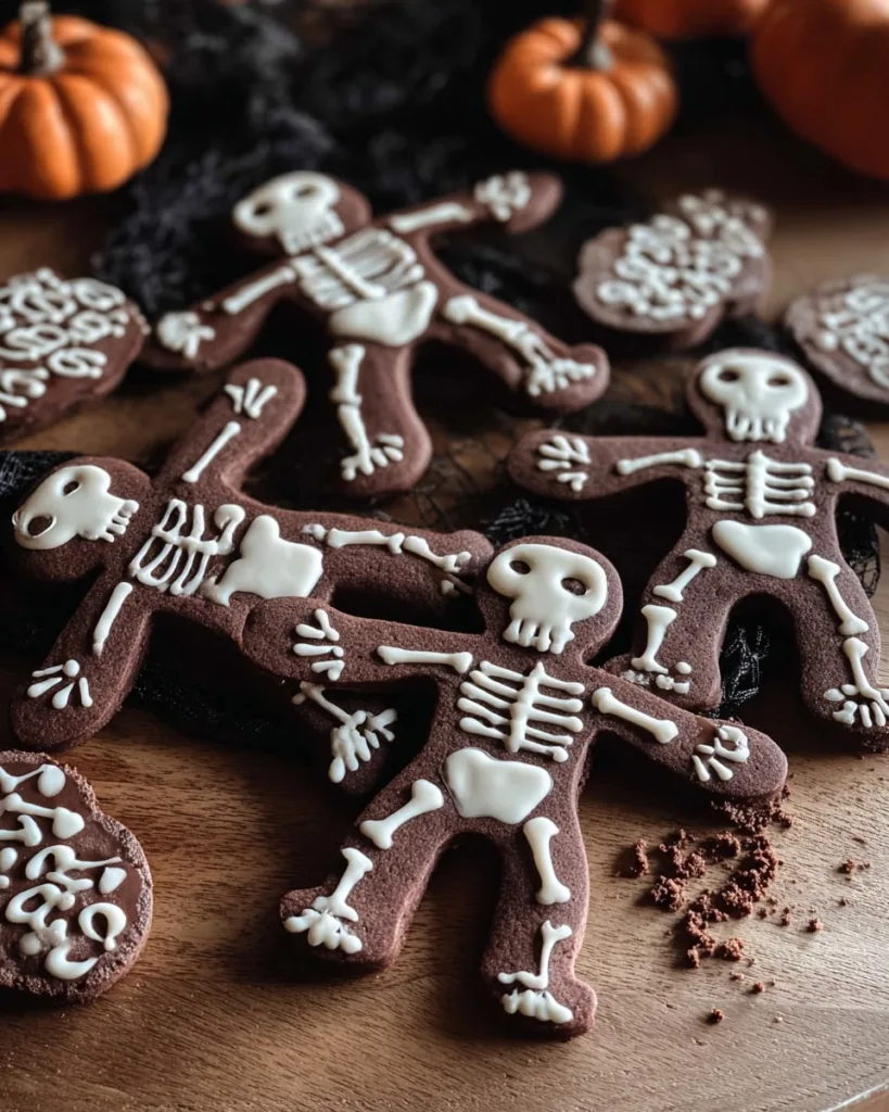 Overhead view showing chocolate skeleton cookies decorated step by step with icing