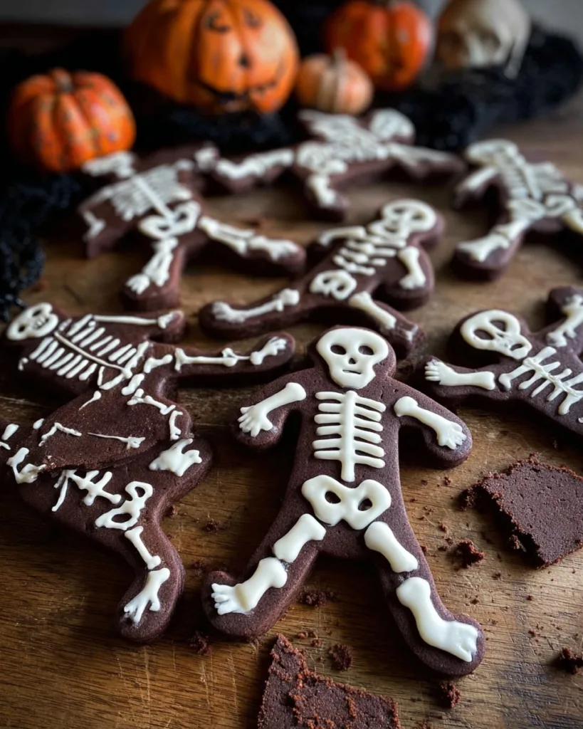Halloween skeleton cookies decorated with icing bones and styled with pumpkins and skulls