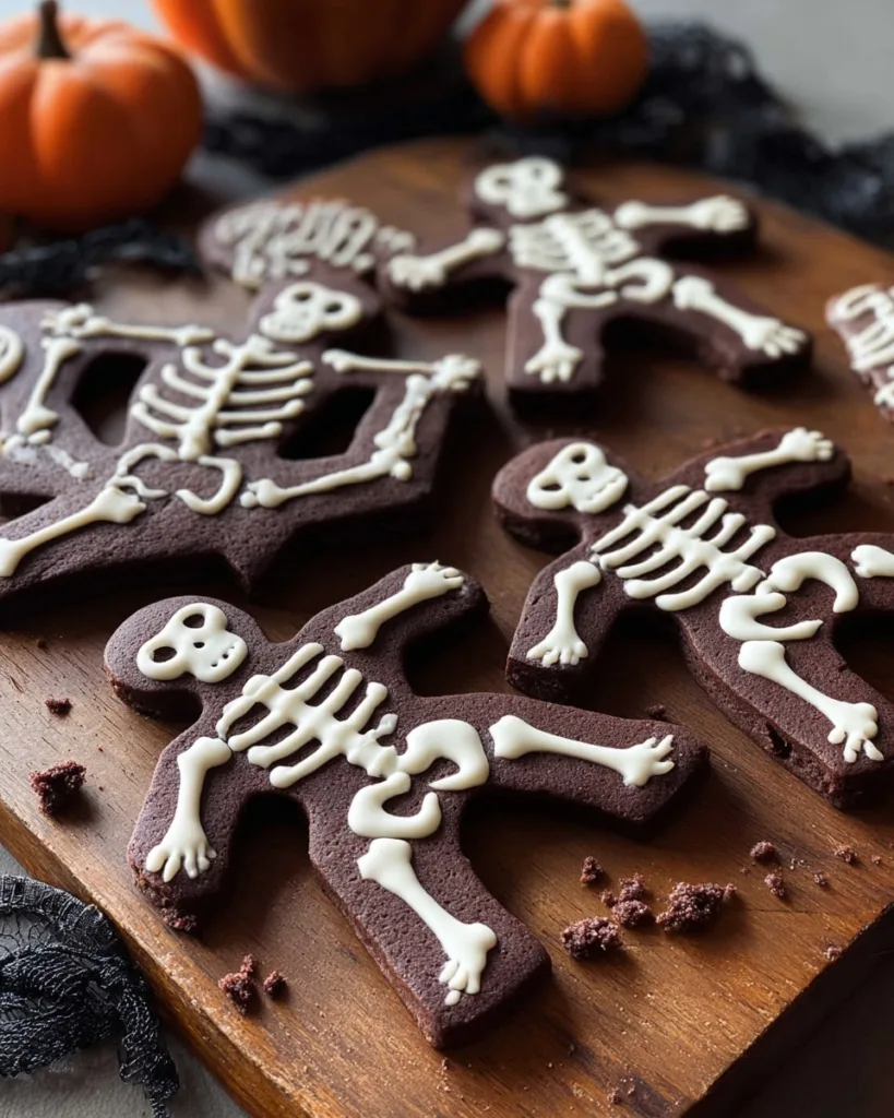 Chocolate cookie decorated with skeleton bone icing design on wooden background