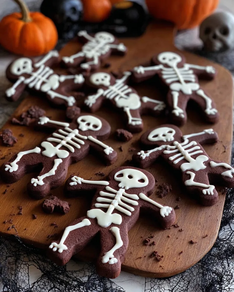 Tray of chocolate skeleton cookies decorated with white icing bones for Halloween