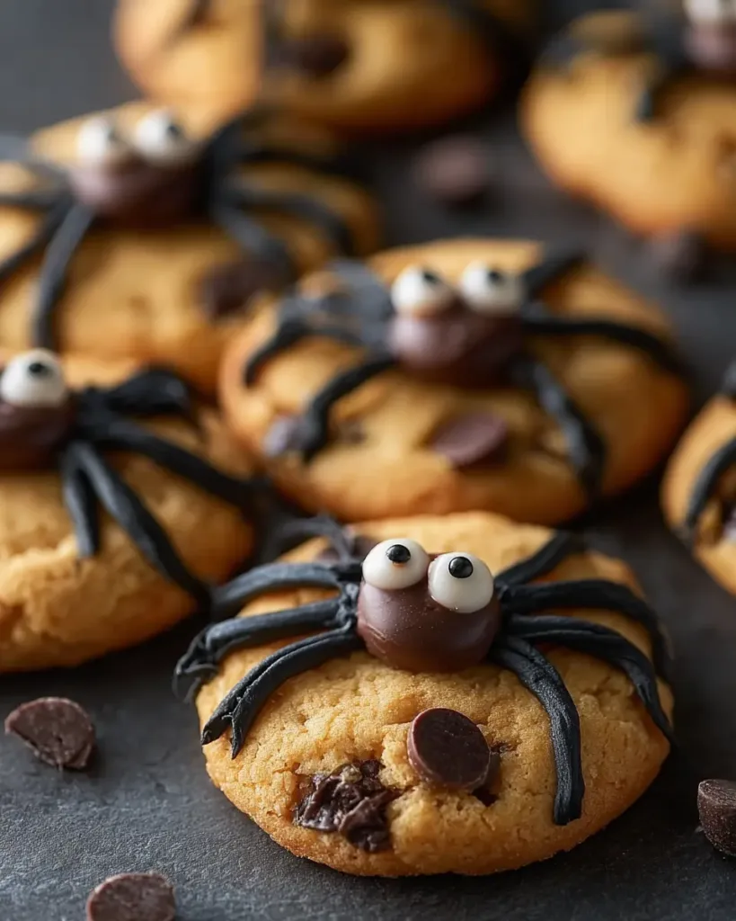 Step-by-step spider cookies with chocolate chips and icing decoration