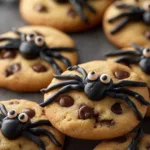 Spider cookies with chocolate chip spider bodies and icing legs