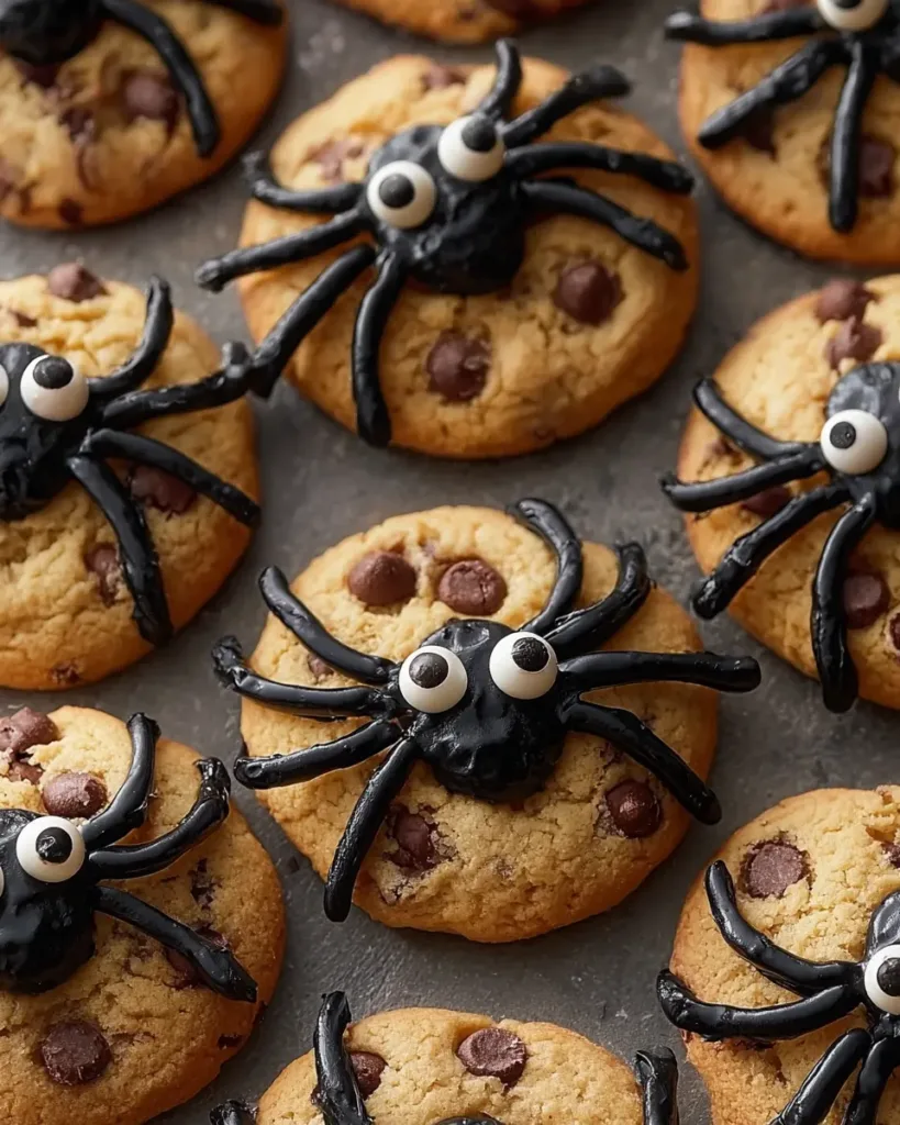 Halloween spider cookies with candy eyes and chocolate chip base