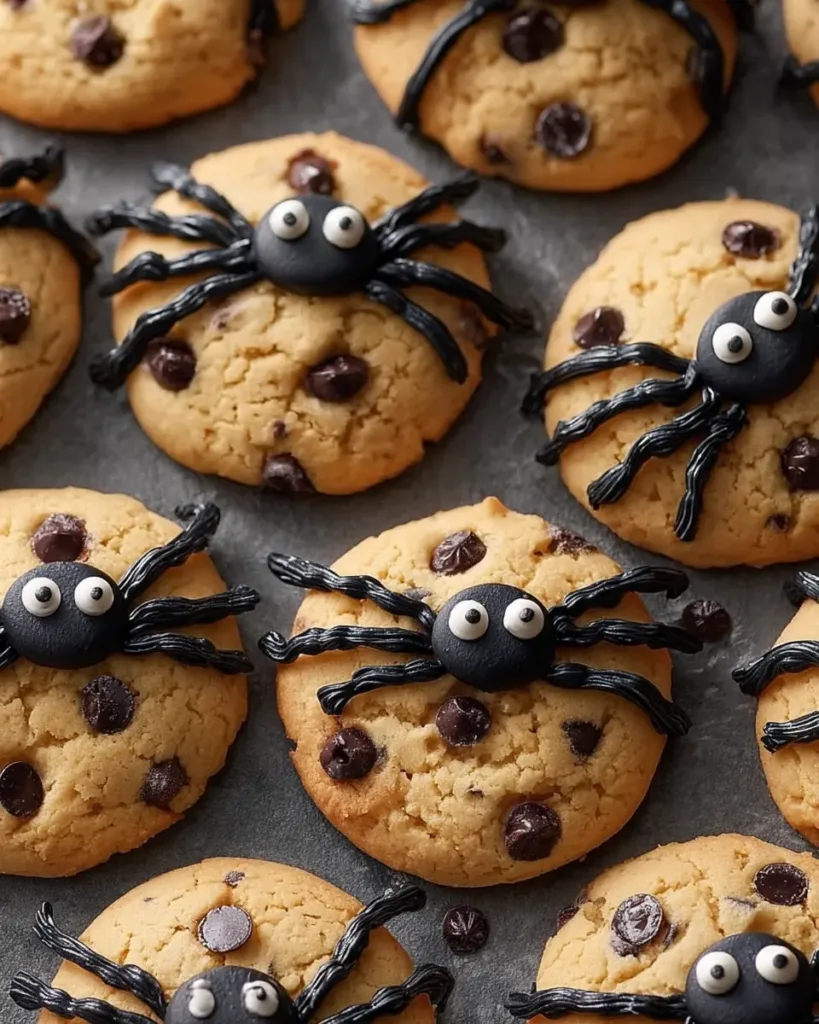 Spider cookies decorated with licorice legs on chocolate chip base