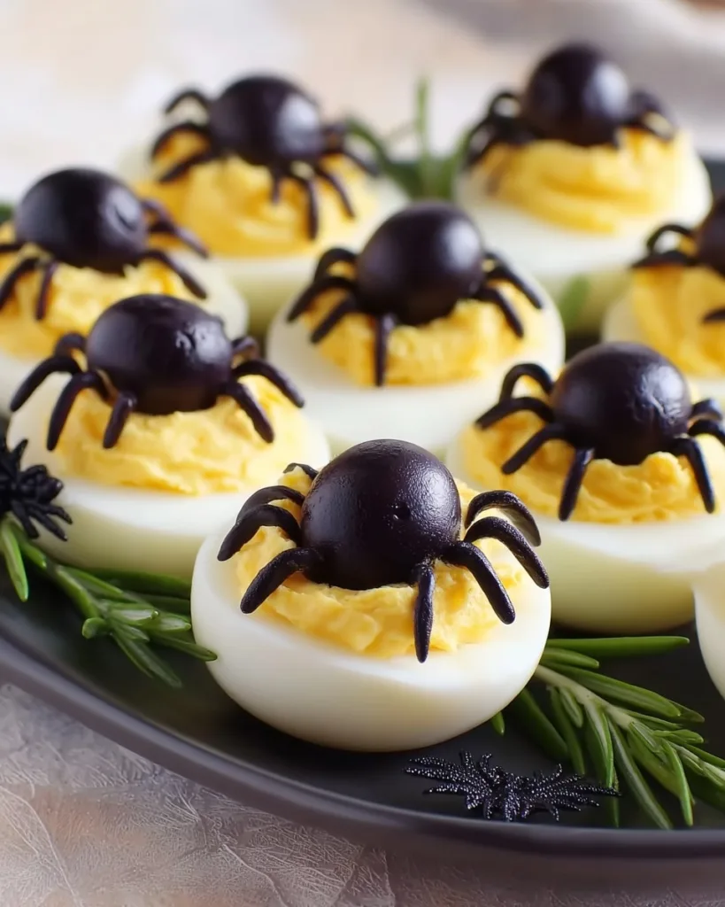 Halloween spider deviled eggs decorated with olive spiders and rosemary garnish