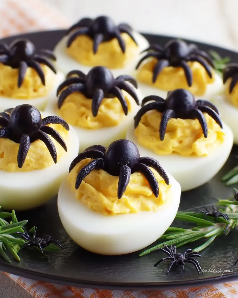 Step by step spider deviled eggs decorated with olive spiders on black plate