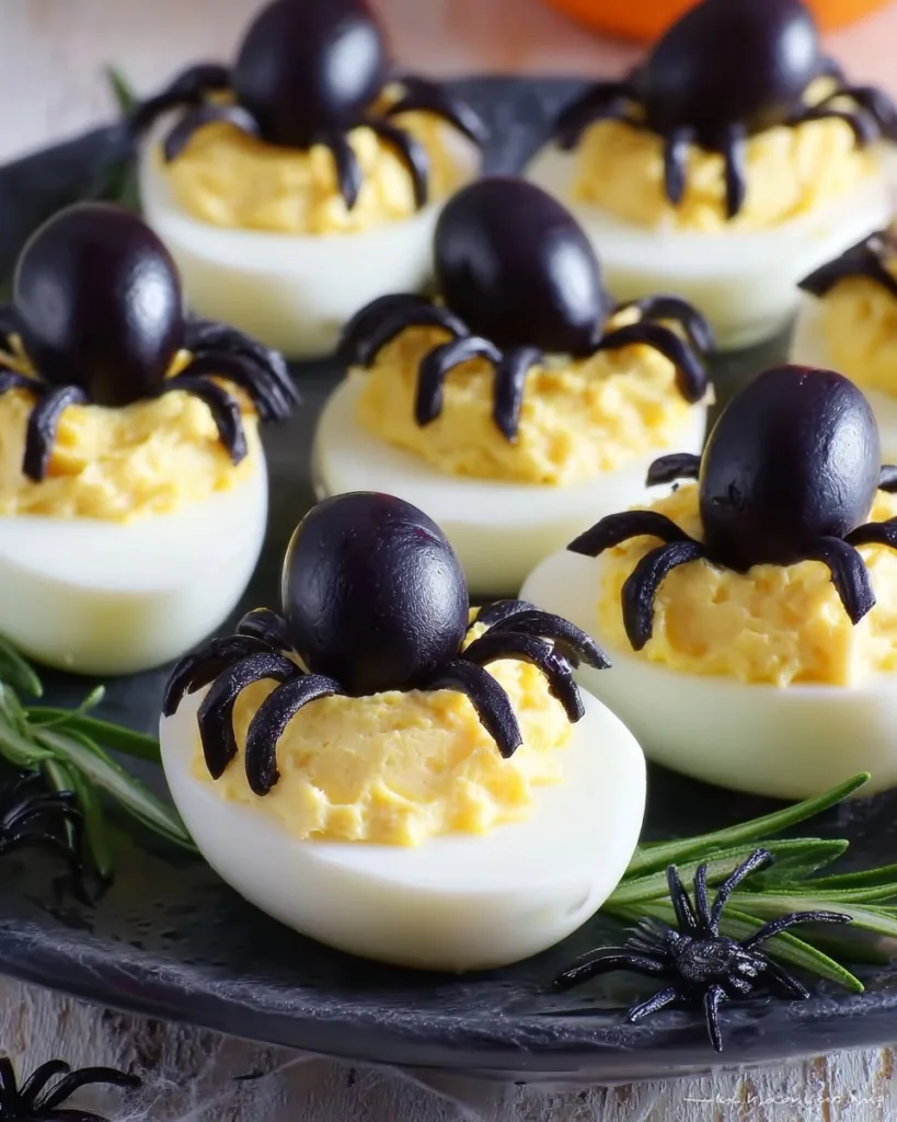 Spider deviled eggs recipe with olive spider decorations for Halloween appetizer