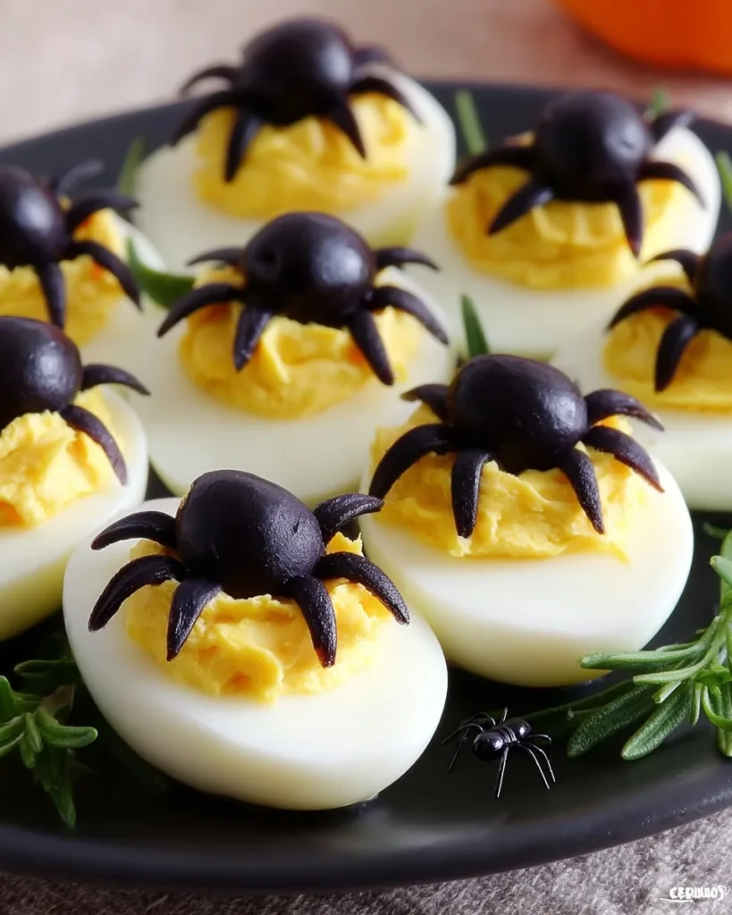 Full plate of spider deviled eggs decorated with olive spiders for Halloween party