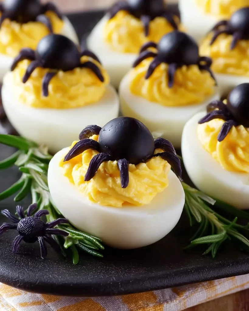 Deviled egg topped with olive spider decoration for Halloween recipe