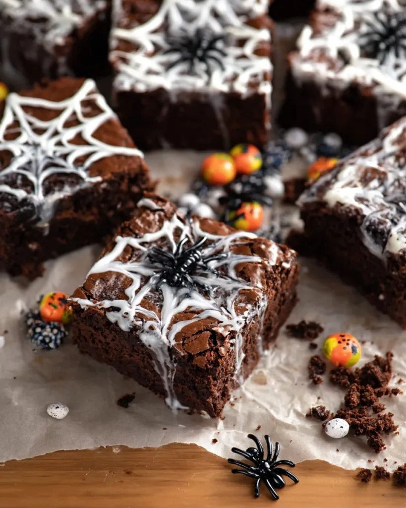 Halloween spiderweb brownies with black plastic spiders