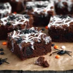 Close-up of fudgy spiderweb brownies with marshmallow webs