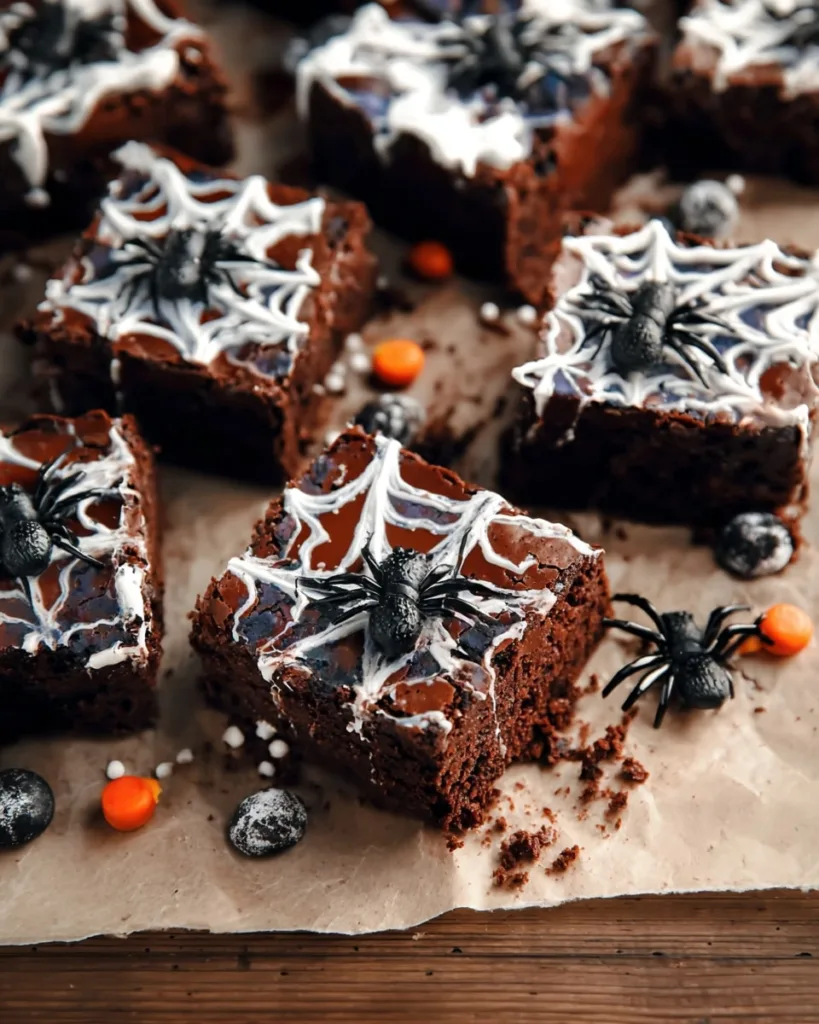 Tray of spiderweb brownies cut into squares