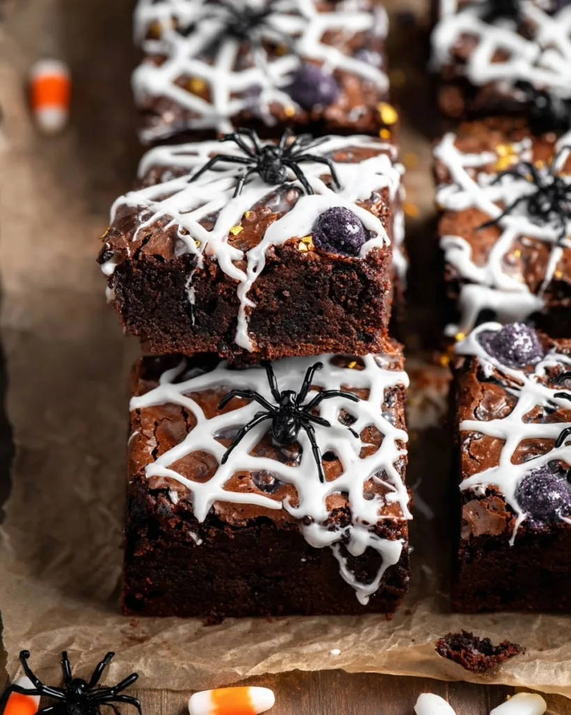 Gooey spiderweb brownie close-up with marshmallow topping