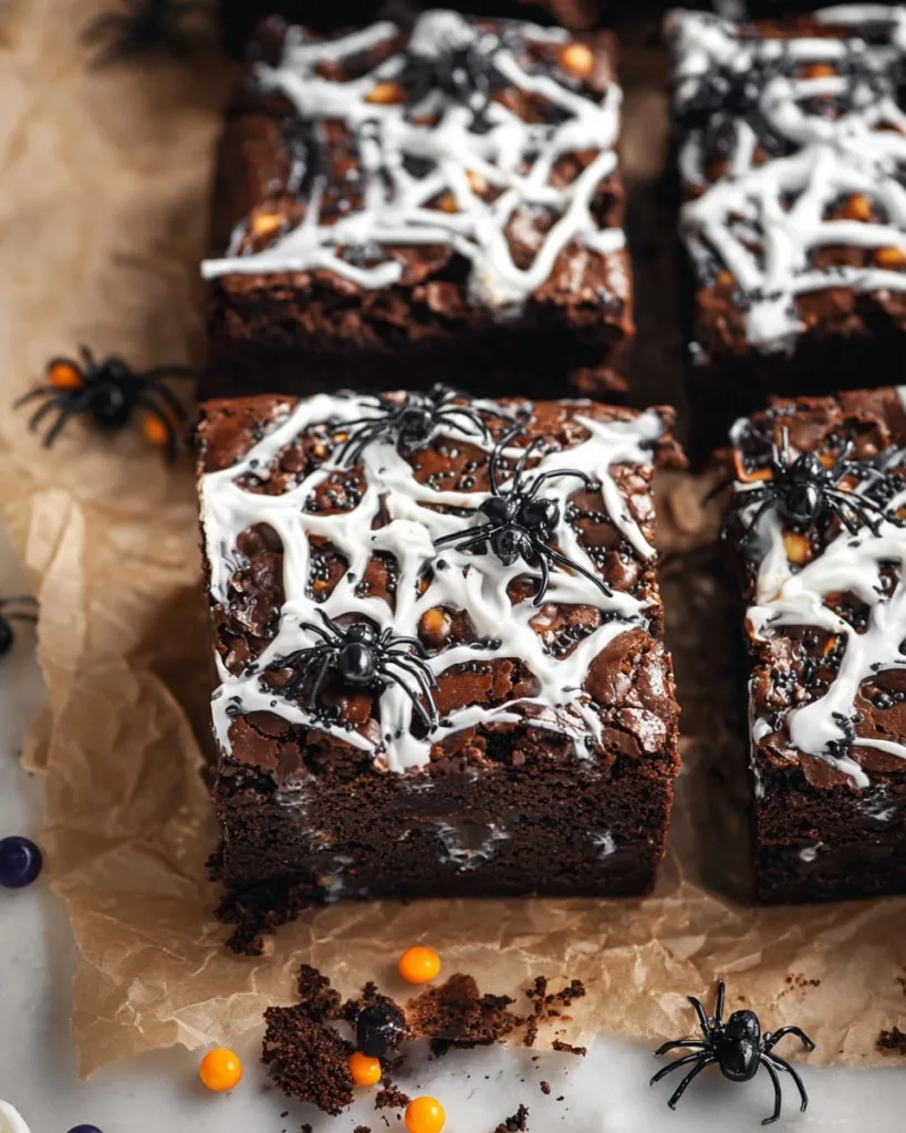 Stack of fudgy spiderweb brownies with marshmallow webs