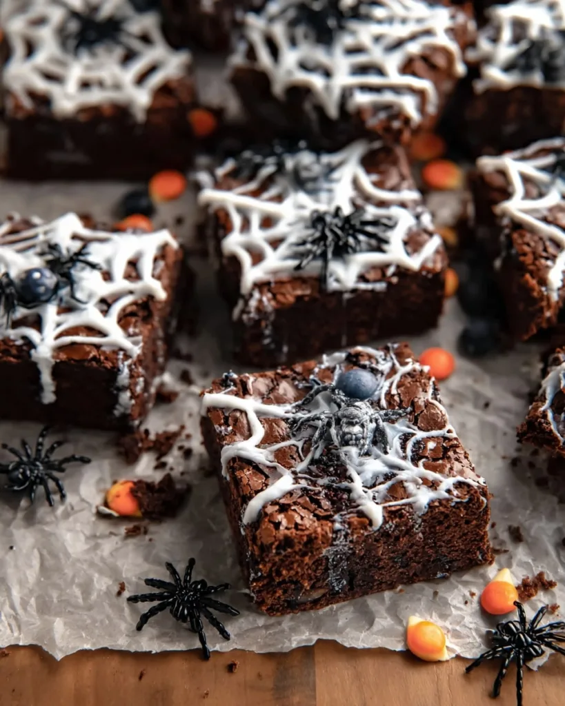 Spiderweb brownies decorated with marshmallows and sprinkles