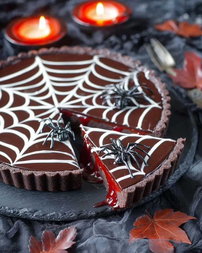 Halloween spiderweb chocolate tart with glossy ganache and fake spiders