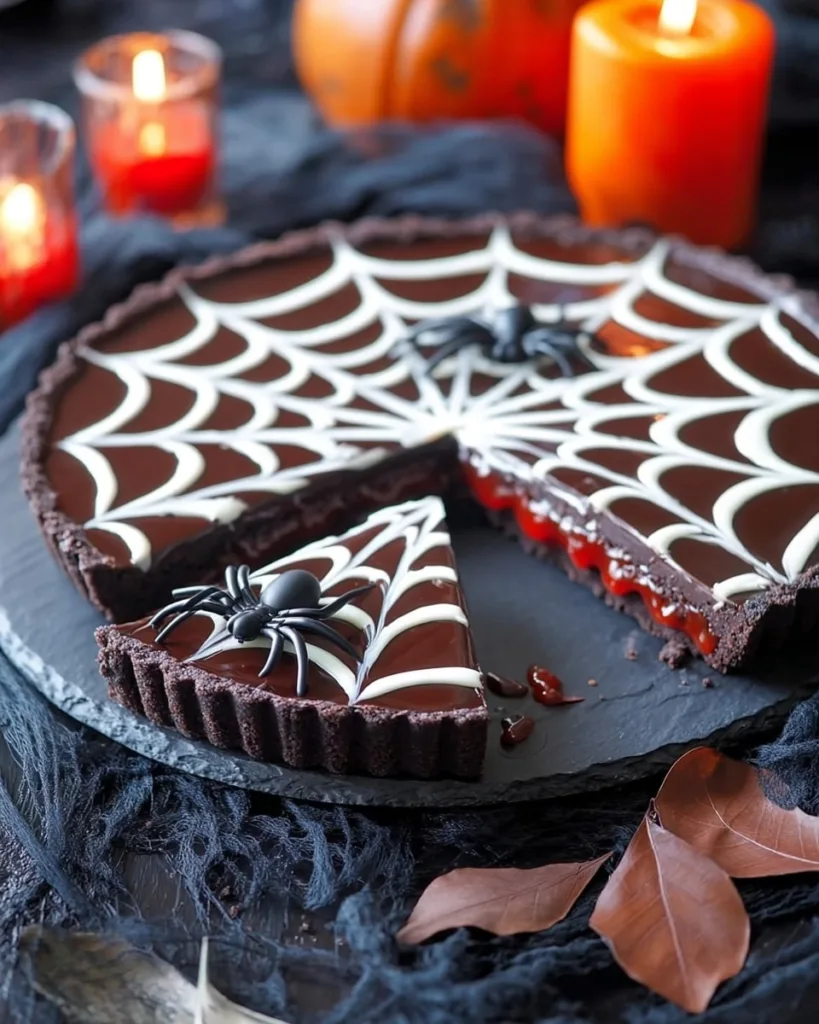 Finished spiderweb chocolate tart with Oreo crust and white chocolate web