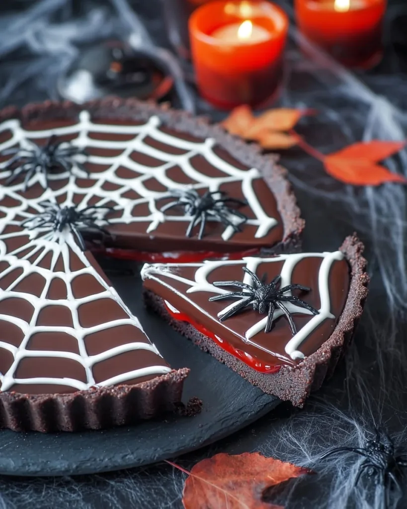 Close-up of spiderweb chocolate tart slice showing red caramel layer