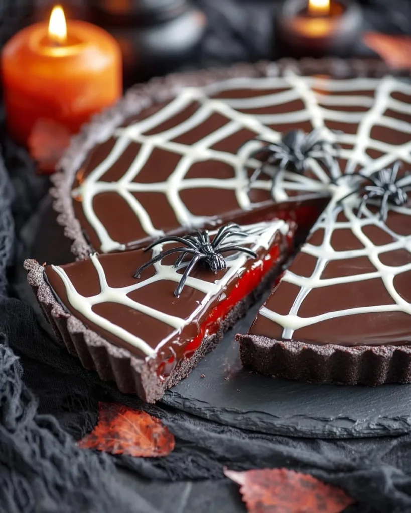 Step-by-step spiderweb chocolate tart recipe with ganache and Oreo crust